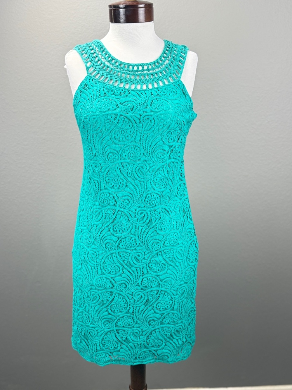 Eliza J Teal Turquoise Geometric Crochet Lace Shift Dress Sz 4 Wedding Guest